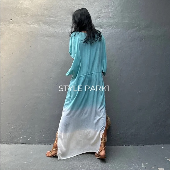 STYLE PARK MAXI KAFTAN DRESS - BNWT - ONE SIZE - BLUE DAISY/CREAM OMBRE - Picture 6 of 11